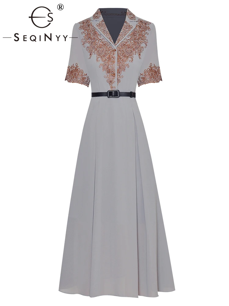 

Женское офисное платье SEQINYY, летнее и весеннее модное дизайнерское женское модельное платье в стиле High Street с цветочной вышивкой и вырезами, женское платье