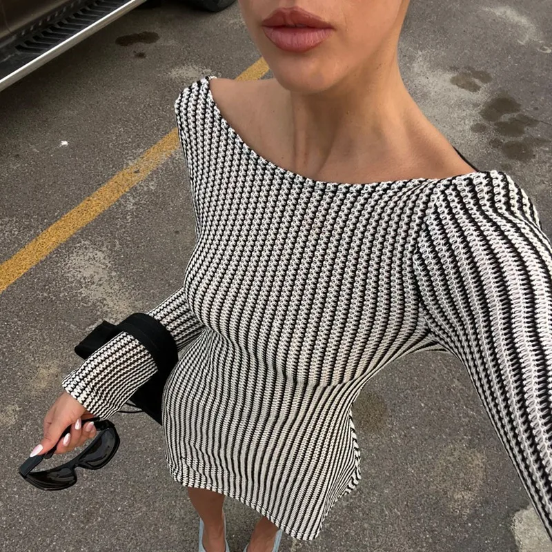 

Женское платье с длинным рукавом, зимнее платье в полоску с открытой спиной и длинным рукавом, 2023