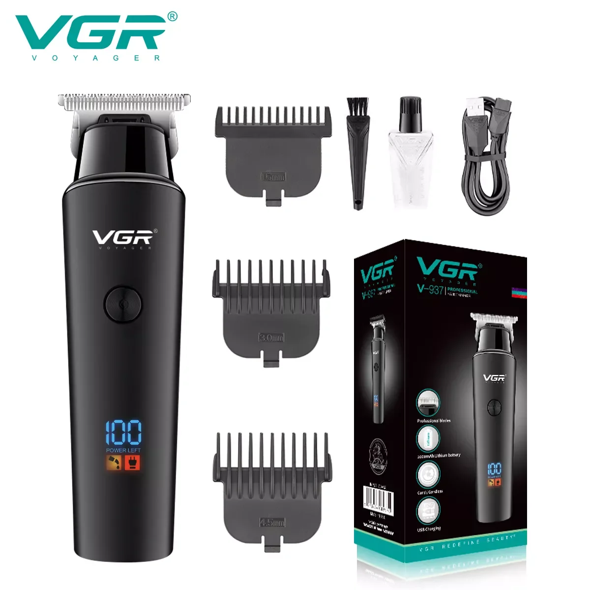 

VGR Hair Cutting Machine Professional Hair Clipper Barber Cordless Hair Trimmer Men USB Rechargeable LED Display V-937