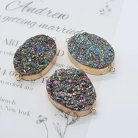 natural stone pendant druzy crystal quartz egg shaped jewelry making diy necklace double hole connector drusy charms wholesale