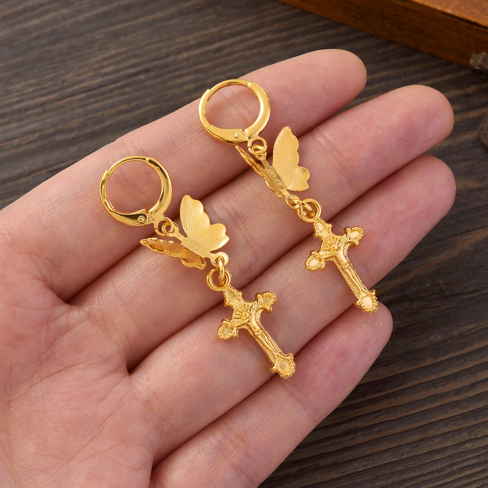 

Gold Color Dange Butterfly Cross Earrings Women/Girl Fashion Jewelry for African Gift