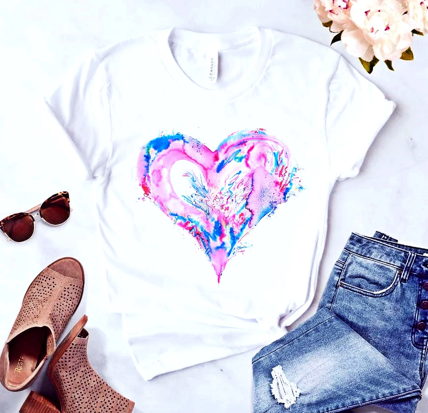 

2022 Heart-shaped Print Ladies' T-shirt Casual Basic O-neck White Shirt Short Sleeve Ladies' T-shirt Love Patternwomen Tops