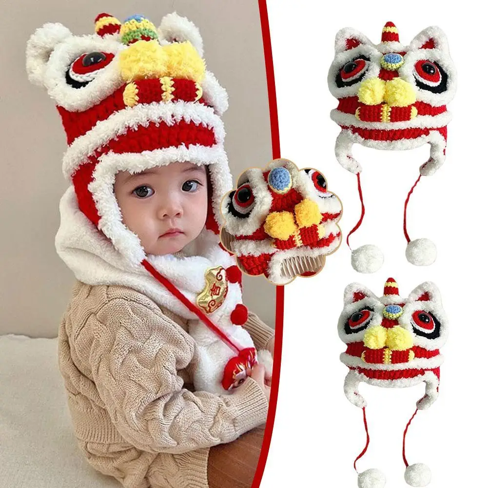 

Handmade Tiger Head Hat New Year Parent-child Autumn Winter Knitted Warm Wool Hat Chinese Style Wake-up Lion