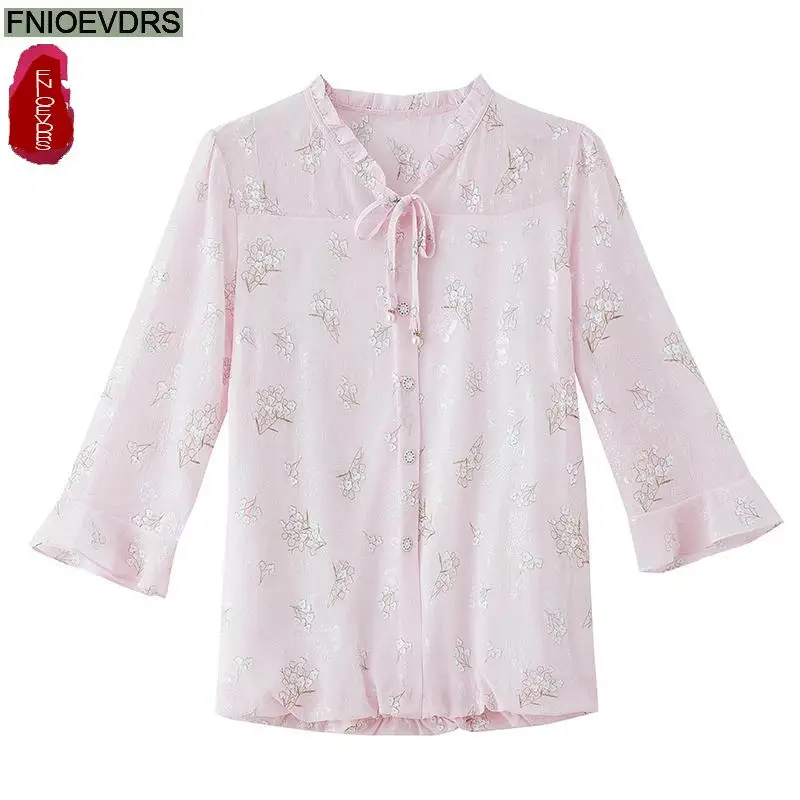 Блузка женская с V-образным вырезом длинным рукавом и цветочным принтом