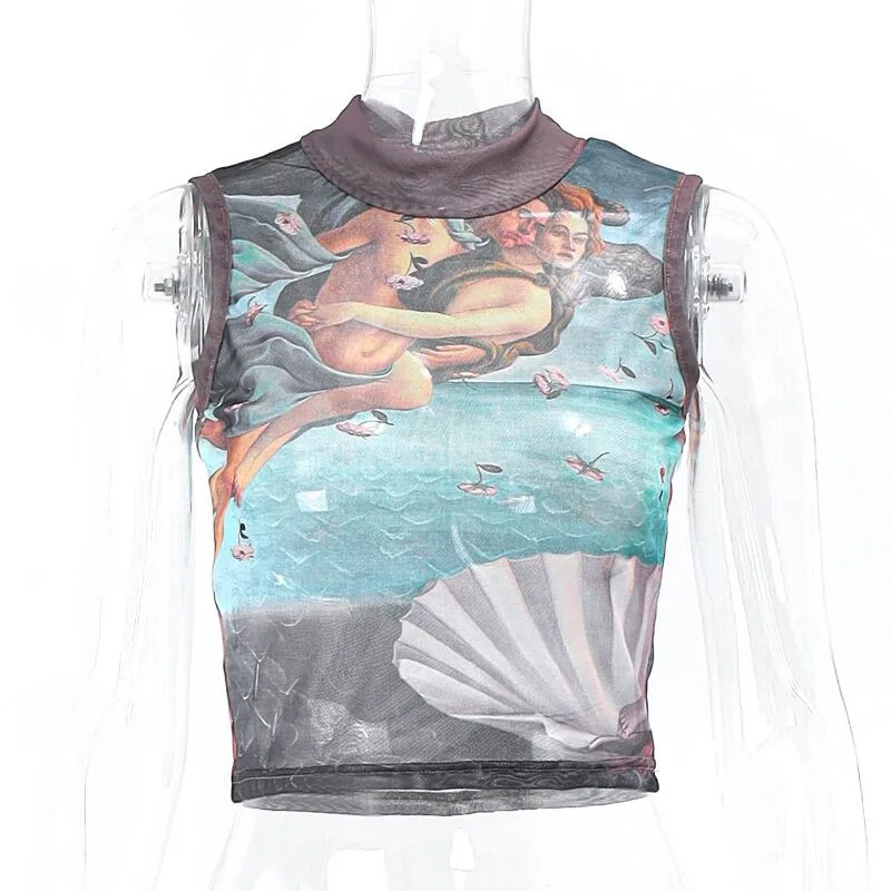 NEONBABIPINK Ретро абстрактный принт прозрачные сетчатые топы винтажная одежда эпохи