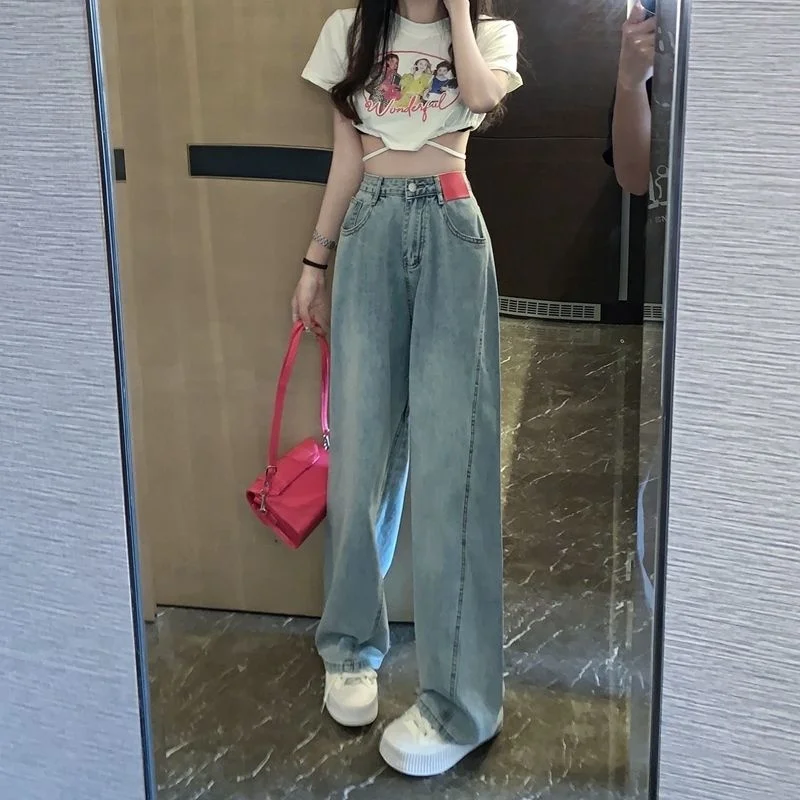 

Hot sale Wide-leg Jeans Women Spring and Autumn Loose High Waist Hanging Feeling Mop Trousers Retro High Street Straight Leg Tro