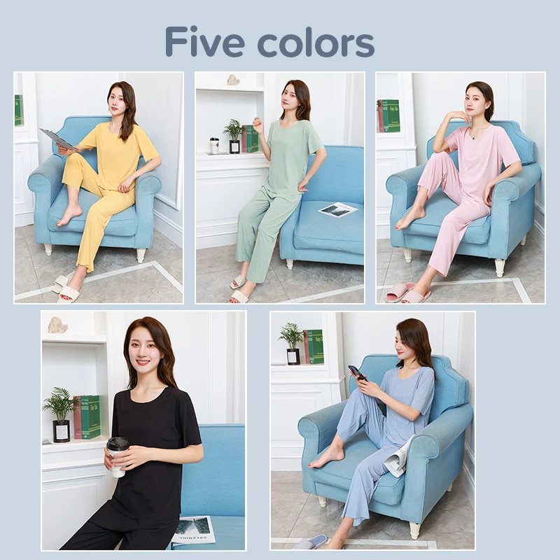 Women's 2 Pieces Ice Silk Pajamas Fashion Loose Nightwear Suit Casual Homewear Solid Pajama Set for Women Plus Size Sleepwear