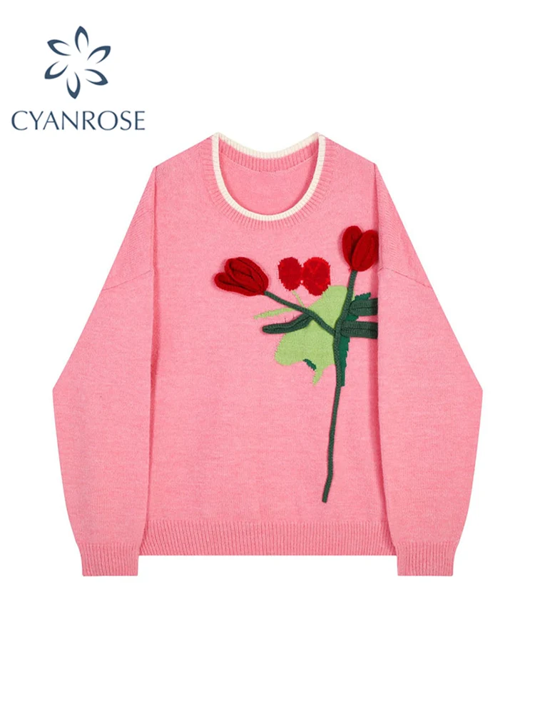 

Knitwear Women's Pink Sweaters 2022 Autumn Winter Harajuku Fashion Loose Tops Casual Kawaii Pullover Embroidery Print Sweater