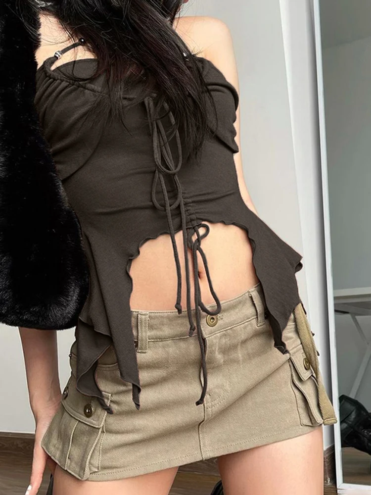 Vintage Y2K Halter Neck Brown Skinny Camisole Women Tops Harajuku Drawstring Irregular Summer Crop Top Lace Up Short