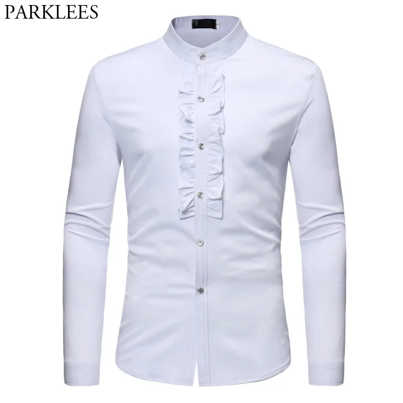 Mens Ruffle Tuxedo Dress Shirts 2018 Brand New Slim Fit Long Sleeve Stand Collar Shirt Men Prom Performing Wedding Chemise Homme