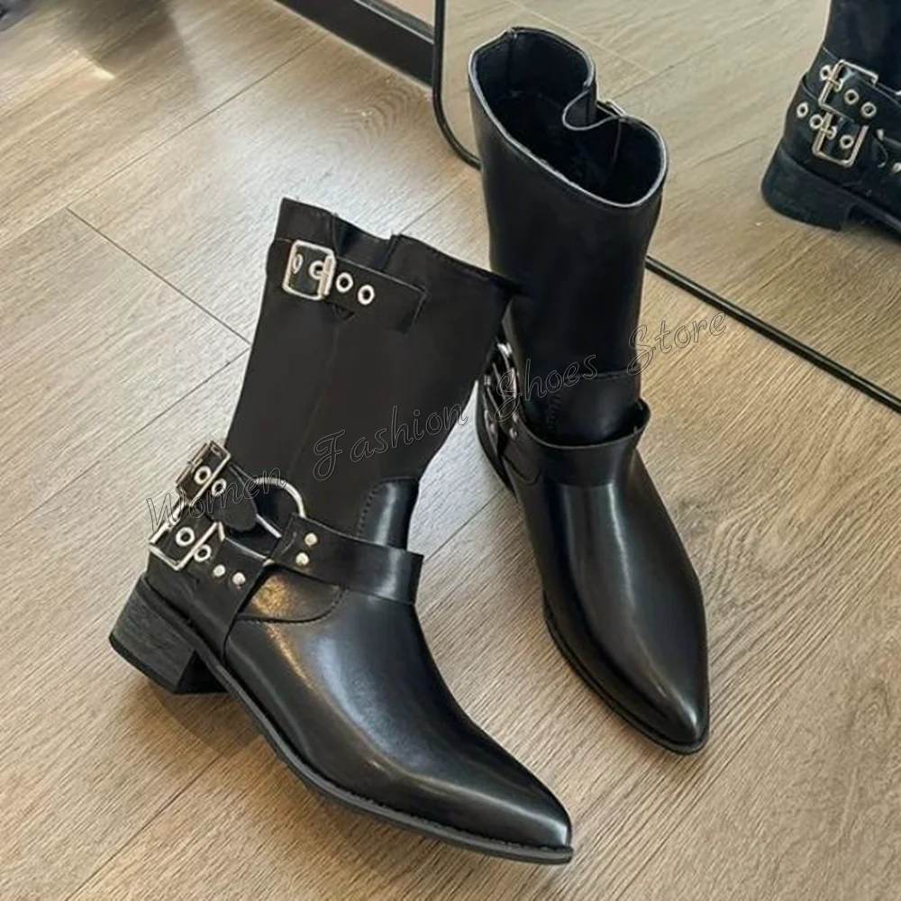 Женские ботинки на массивном каблуке черные матовые кожаные с острым носком