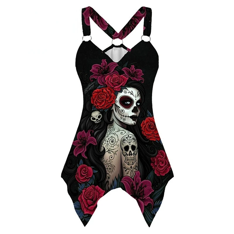 Gothic Tank Tops Women Summer Sleeveless Shirt Goth Skull Print Vest Tops Strap Shirts Black Y2k Fashion Clothes Woman 2022