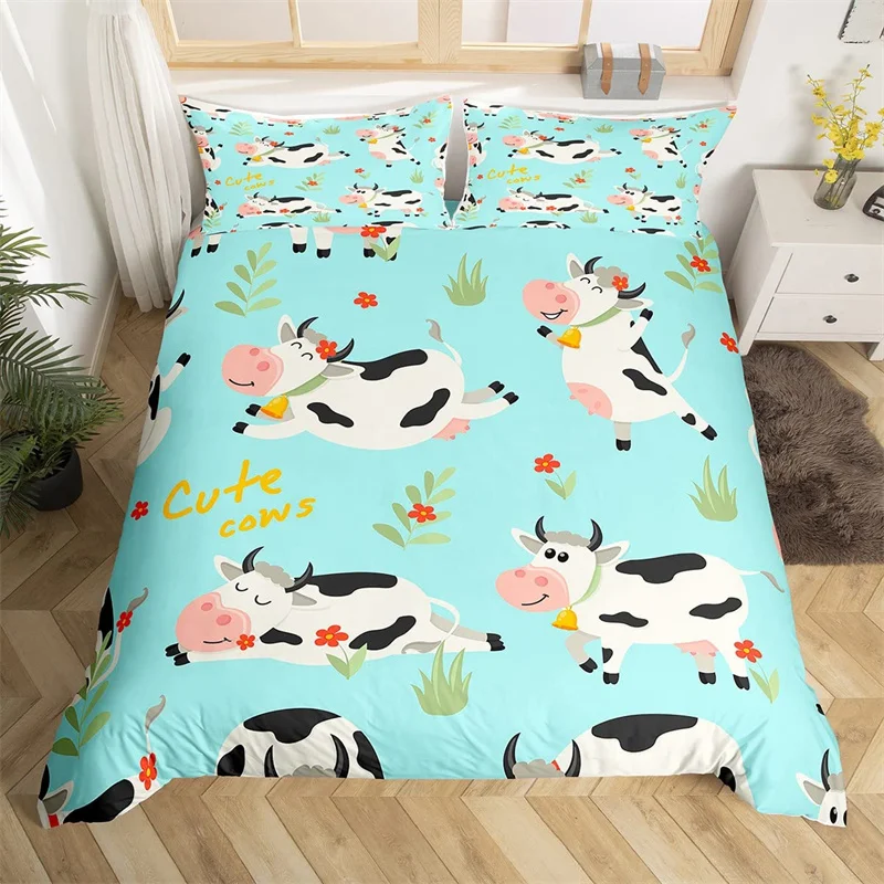 Cute Cartoon Cows Duvet Cover Set Twin King Farm Animal Bedding Set Microfiber Botanical Floral Comforter Cover For Boys Girls