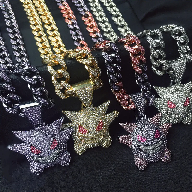 

Hip Hop Iced Out Bling Anime Ghost Pendant Necklace With Crystal Miami Cuban Chains For Men Women Icy Jewelry Dropshipping