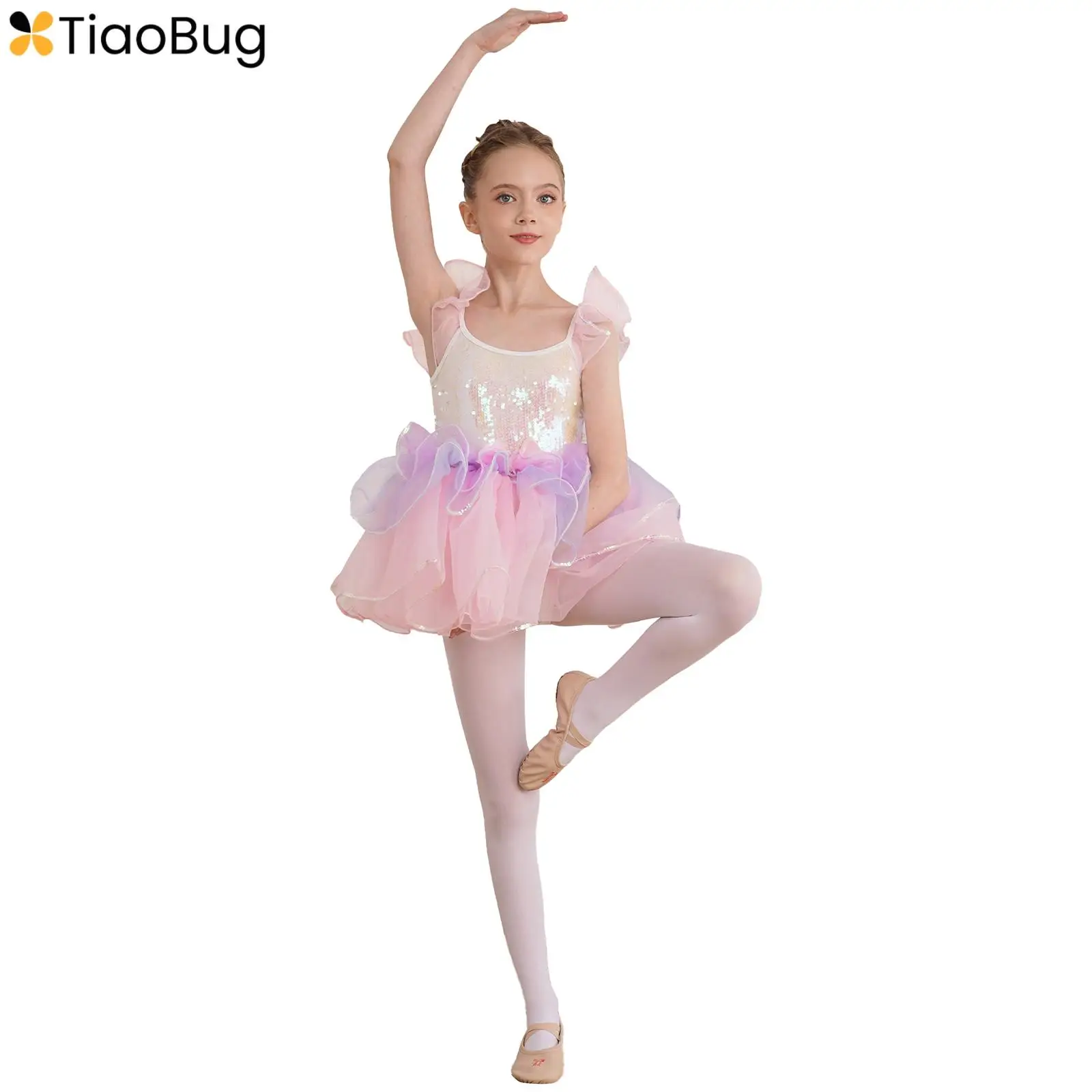 

Kids Girls Ruffled Sleeve Ballet Dance Tutu Dress Sparkly Sequins Dresses Ballerina Party Performance Costume Dancewear