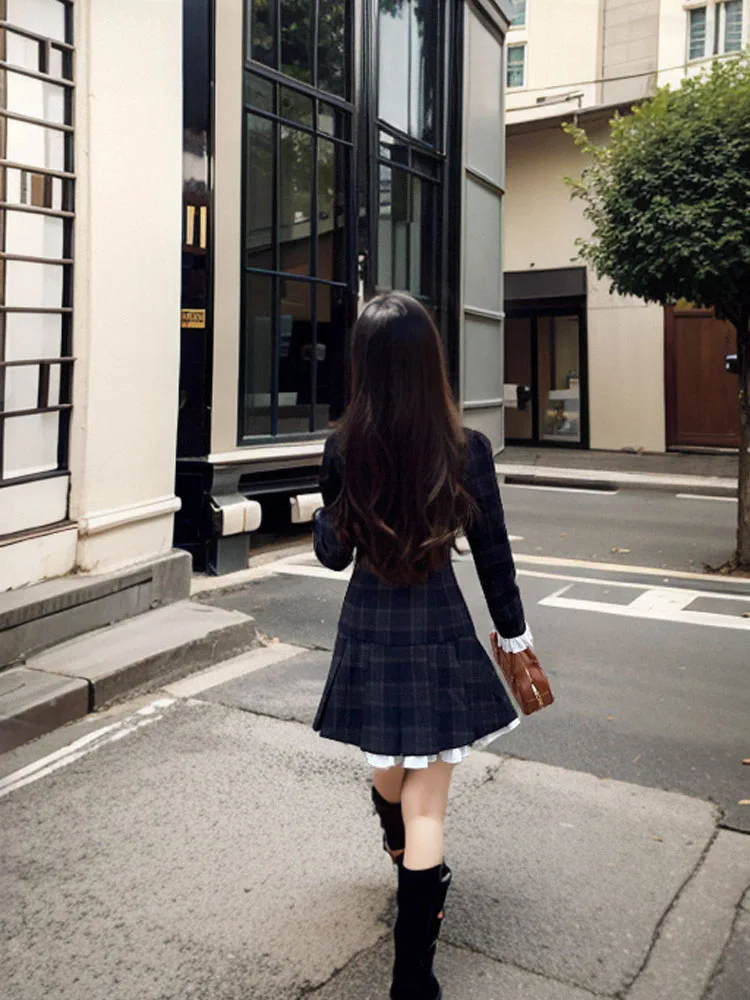 Изящное темно-синее платье в стиле ретро Fujia Qianjin детское осенне-зимнее