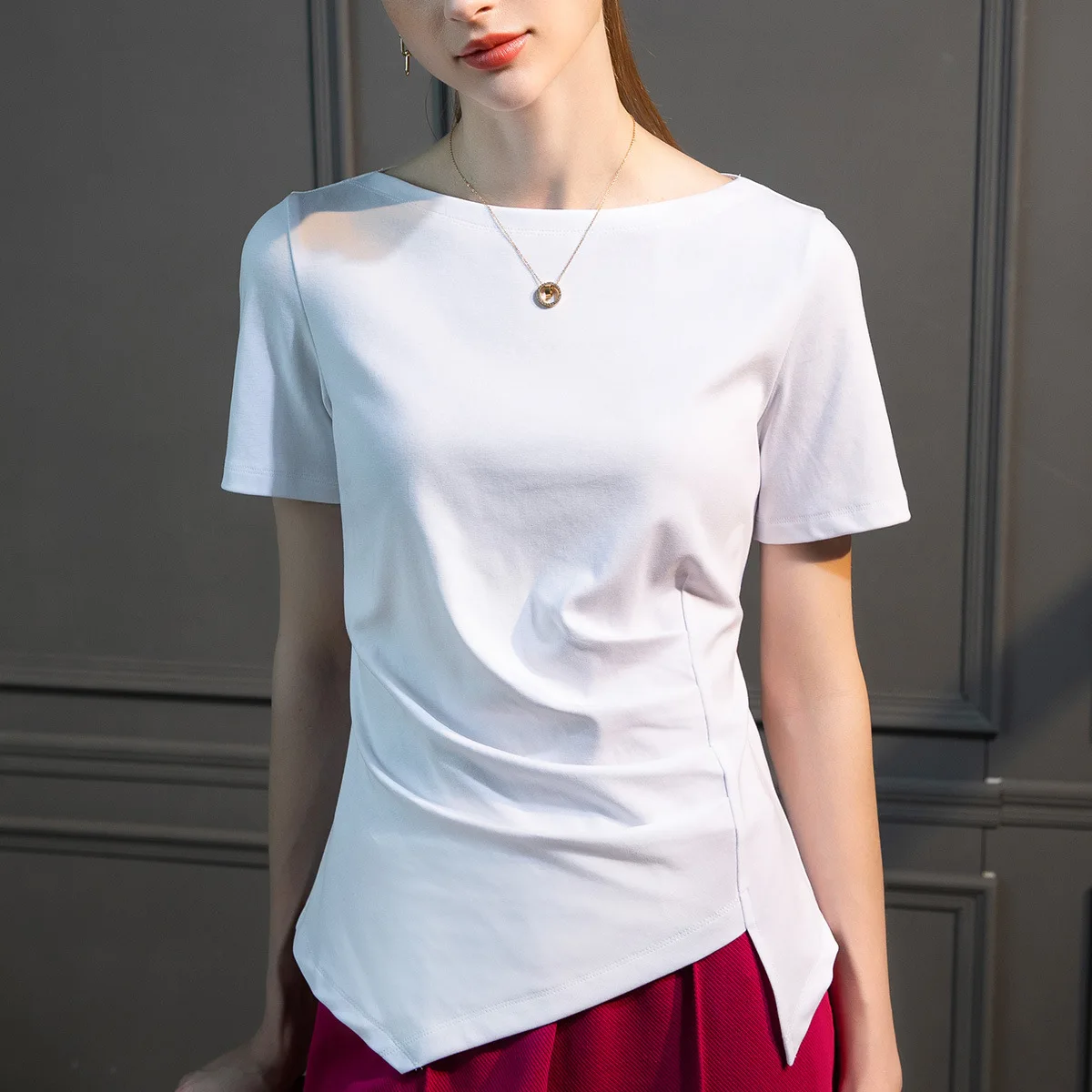 

Off Shoulder Top for Women Summer Slash Neck Short Sleeve White T-shirt Girls Asymmetric Top Green Pleated Tshirt Xxxl