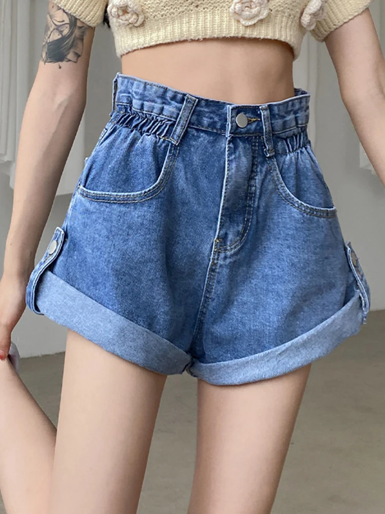 Streetwear Women Elastic Waist Wide Leg Retro Denim Shorts Spring Summer Female Button Loose Jeans Shorts Bottoms