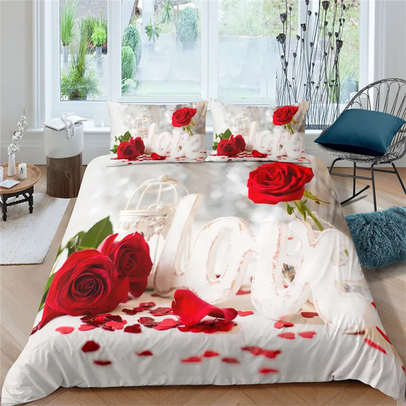 

Rose Floral Duvet Cover Microfiber Romantic Theme Blossom Flowers Print Bedding Set Valentine's Day Botanical Comforter Cover