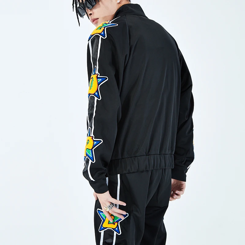 Mens and Womens High Street Lapel Velvet Zipper Casual Coat Oversize Sleeve Letter Embroidery Striped Autumn Jackets