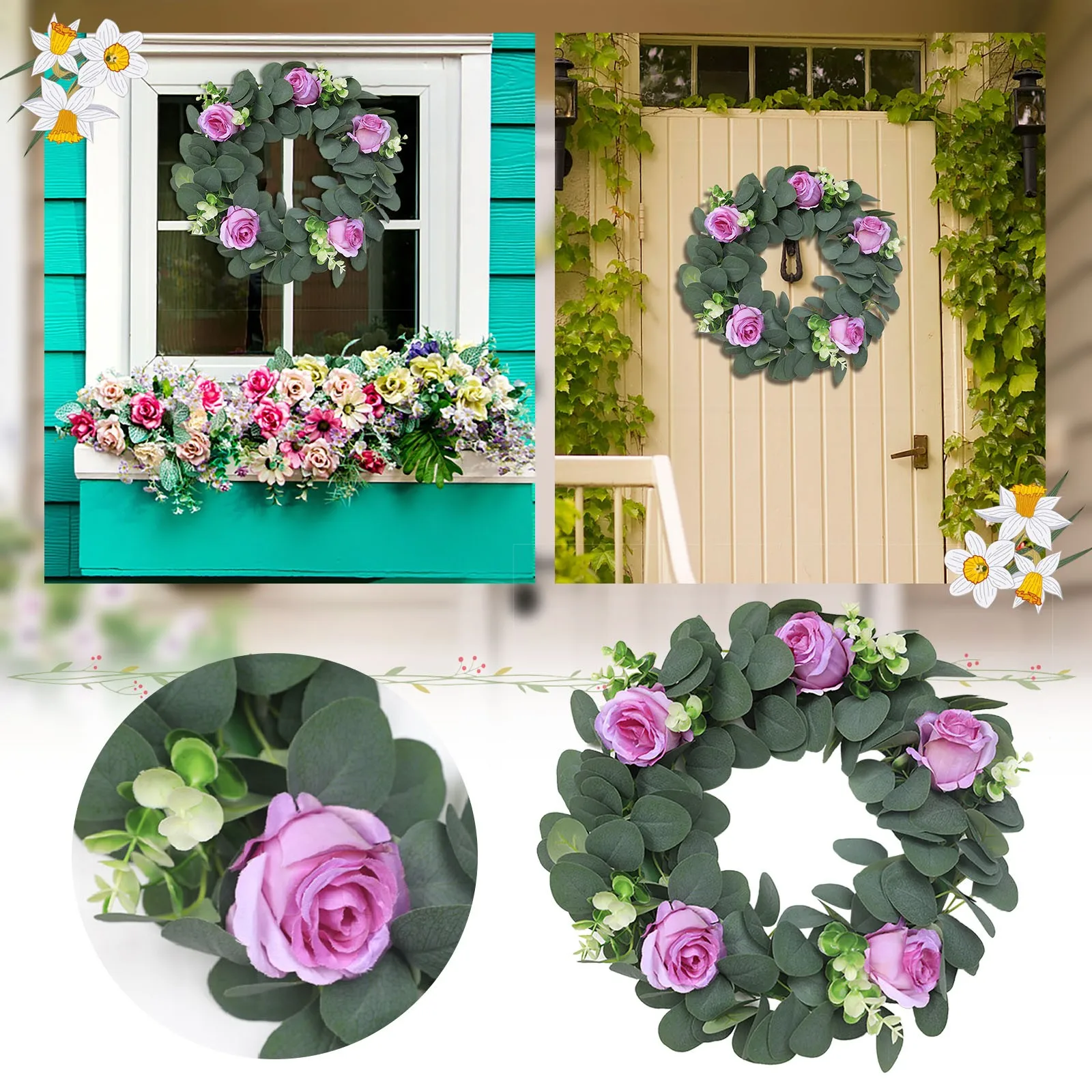 

Autumn Wreath Frame Summer Eucalyptuss Garland Home Wall Hanging Door Knocker Rose Olive Leaf Simulation Garland