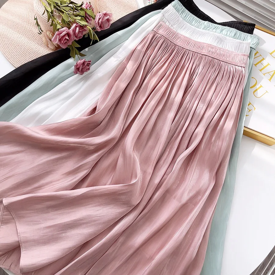 Soft Thin Spring Summer Pleated Skirt for Women Midi Long High Waist A-line Skirt Female Solid Boho Maxi Skirts Lady