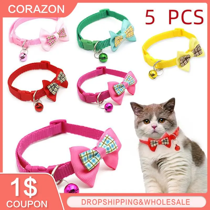 

5PCS Adjustable Cat Dog Collars Cute Bow Tie With Bell Pendant Necklace Fashion Necktie Safety Buckle Pet Clothing Accessoreis