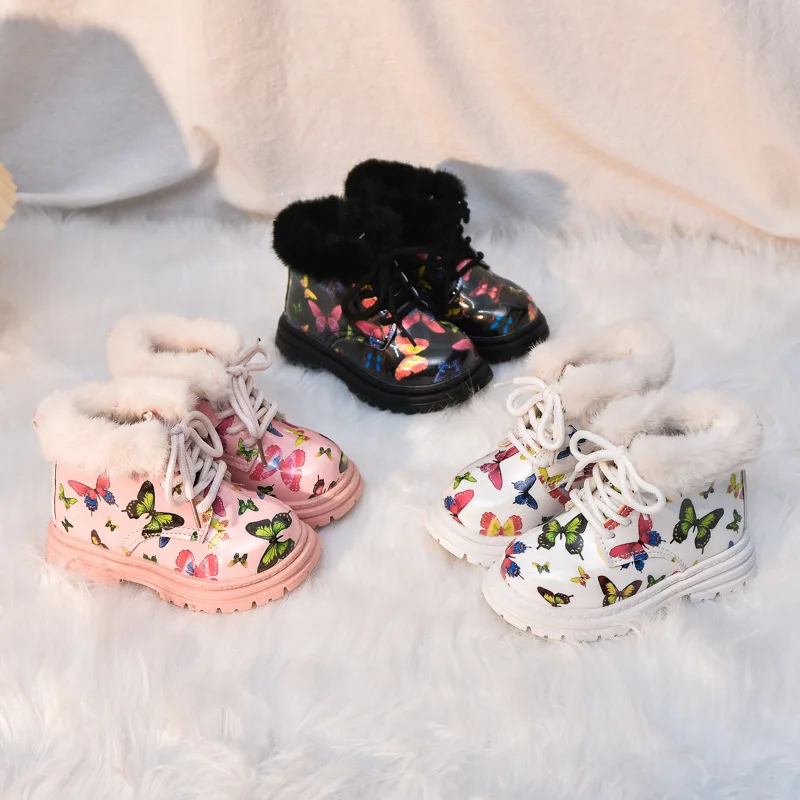 Girls' Boots 2024 Winter New Butterfly Print Baby Short Fashion Thicken Plush Children Ankle Warm Kids Cotton Shoes