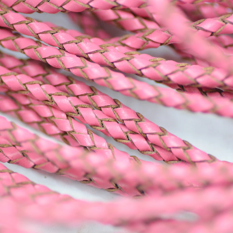 

19M/lot 3mm Pink Round Genuine Braided Leather Cord String Rope For Bracelet Jewelry Craft Making Accessories