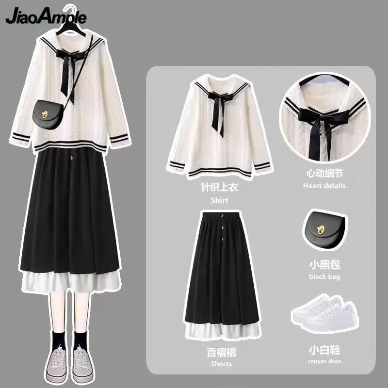 

Женский корейский костюм в стиле преппи с матросским воротником и бантом, свитер и юбка миди, комплект из двух предметов, Женский студенческий Модный вязаный пуловер, топ, наряды