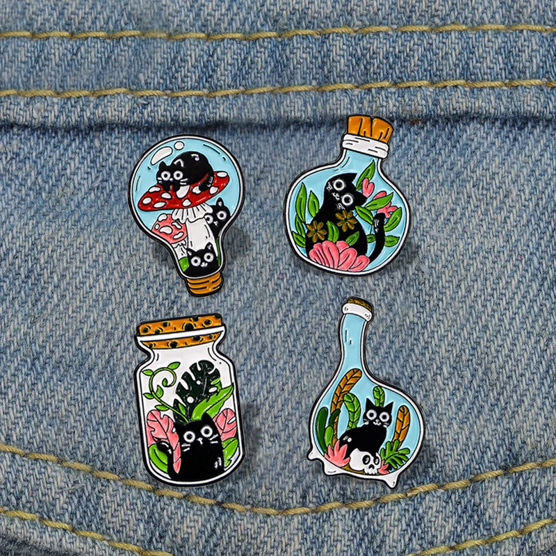 Мультяшная черная яркая эмалированная брошь в виде водной травы гриба лампы