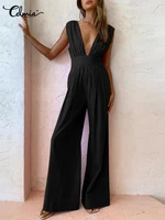 celmia sexy pleated wide leg pants overalls summer elegant playsuit casual sleeveless long rompers deep v neck women jumpsuit