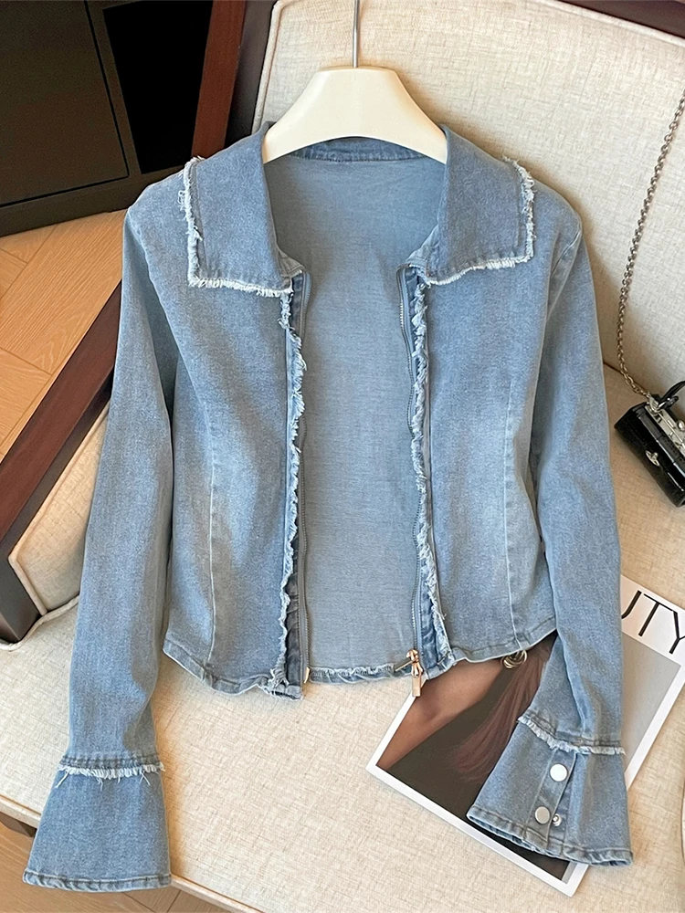 Женская синяя джинсовая куртка винтажная модная на молнии с длинными рукавами