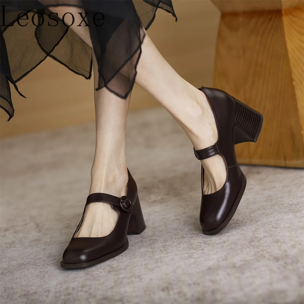 Woman High Heel Shoes Square Heels Round Toe Mary Janes Pumps Buckle Strap Black Brown Handmade Elegant Lady Shoes 2022 New