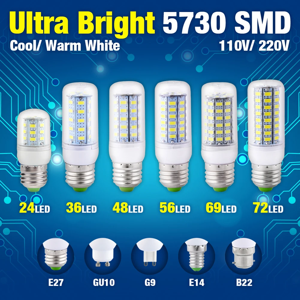

10PC LED Corn lights E27 E14 Spotlight LED Light Lamp 24/36/48/69/72 Leds AC 220V 5730SMD Led Bulb Lighting G9 B22 GU10 Led Bulb