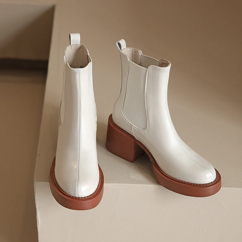 

Genuine Leather Autumn Winter Women Ankle Boots Thick High Heels Platform Round Toe Concise Shoes Woman Working Outdoor