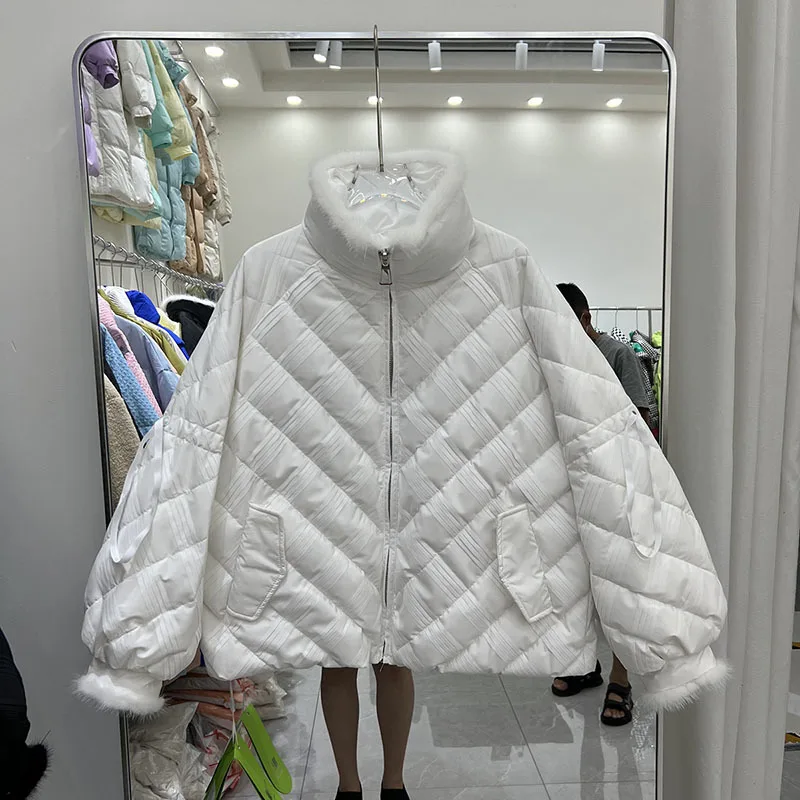 Sweet plaid Real mink fur Short Puffer Parkas White Duck Down Coat Female Stand Collor Winter Warm Down Jacket Women Outwear