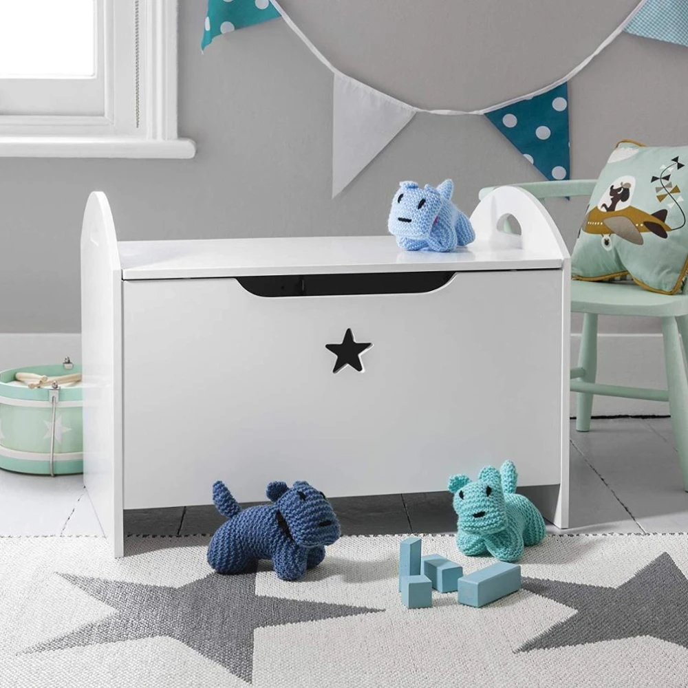 white wooden toy storage box for toys with Star Design high quality for kid room