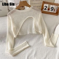 liba sin women summer irregular knitted thin section perspective ice silk long sleeve sunscreen top short sexy hot girl top