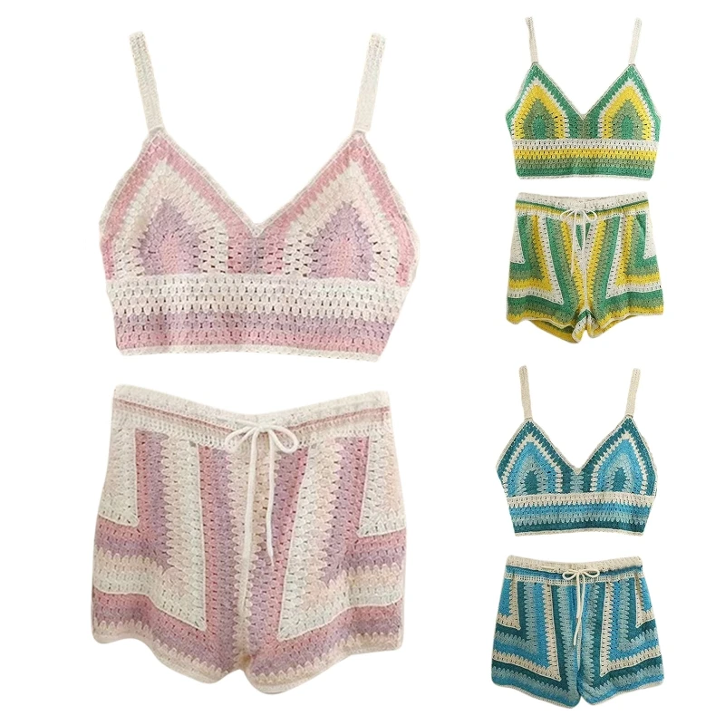 

Sexy 2 Piece Kintted Shorts Outfits Sleeveless Tank Crop Tops Loose Drawstring Shorts Hollow Crochet Knit Vest Shorts