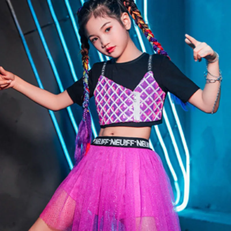 

Children's costumes jazz dance, summer clothes, fashion girls' performance suits, cool kids, hip-hop street dance, dance costume