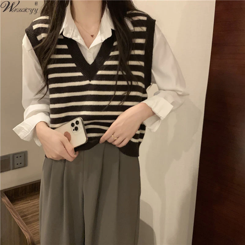 

Autumn Winter Striped Knit Vest 2022 New High Strecth Loose Sweater Fashion V-Neck Sleeveless Waistcoat Female Casual Pullover