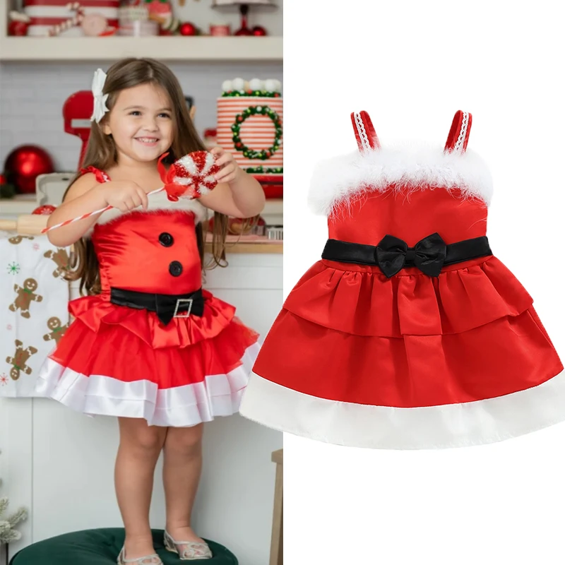 

Рождественское платье для девочек, платье принцессы с бантом и оборками, клетчатые вечерние платья-пачки с длинным рукавом для девочек, Нов...