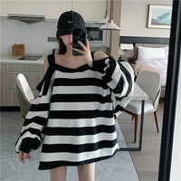 women cotton korean long sleeve off shoulder striped sweatshirt harajuku gothic pullover clothes kawaii tops loose casual jumper