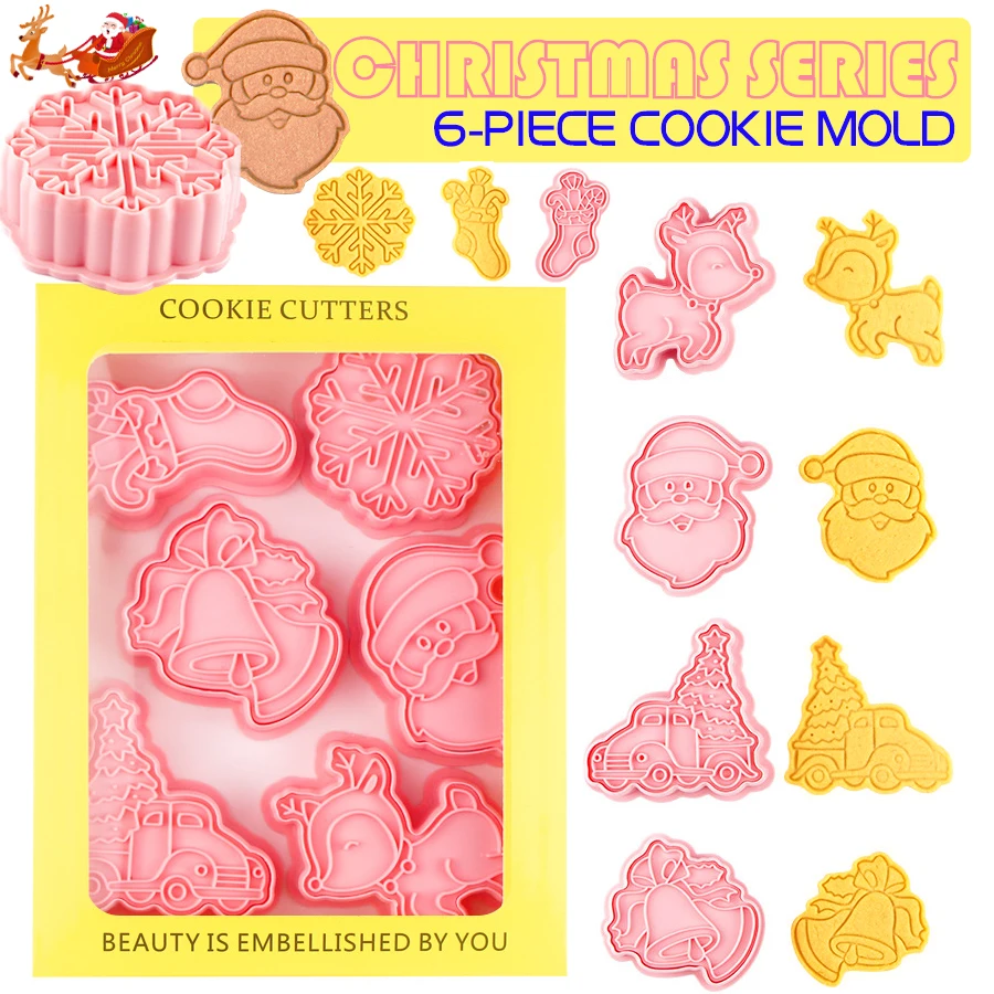 

6Pcs/Set Christmas Series Cartoon Frosting Cookie Cutters Plastic Mold Pressable Biscuit Press Mould Stamp Baking Pastry Tools