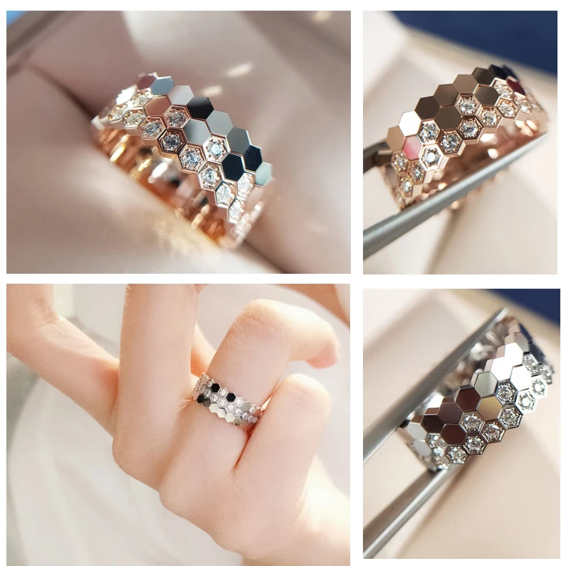 

3 Pieces/Set Honeycomb Stackable Rings For Women Luxury Shiny Zircon Rose Gold Color Stackable Ring Set Fashion Wedding Jewelry