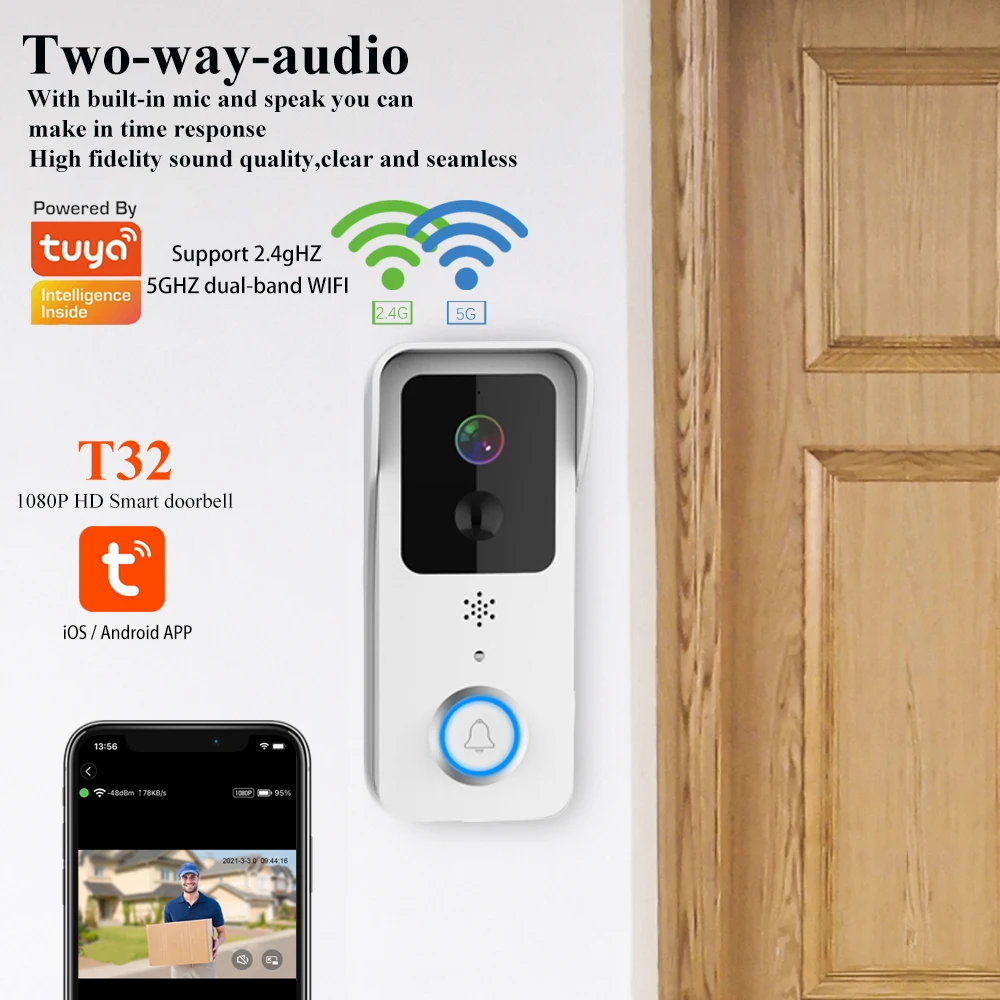 

Video Doorbell 5G Dual Wifi Outdoor Door Bell Waterproof IP65 Battery Intercom Smart Home Wireless Door Phone Camera