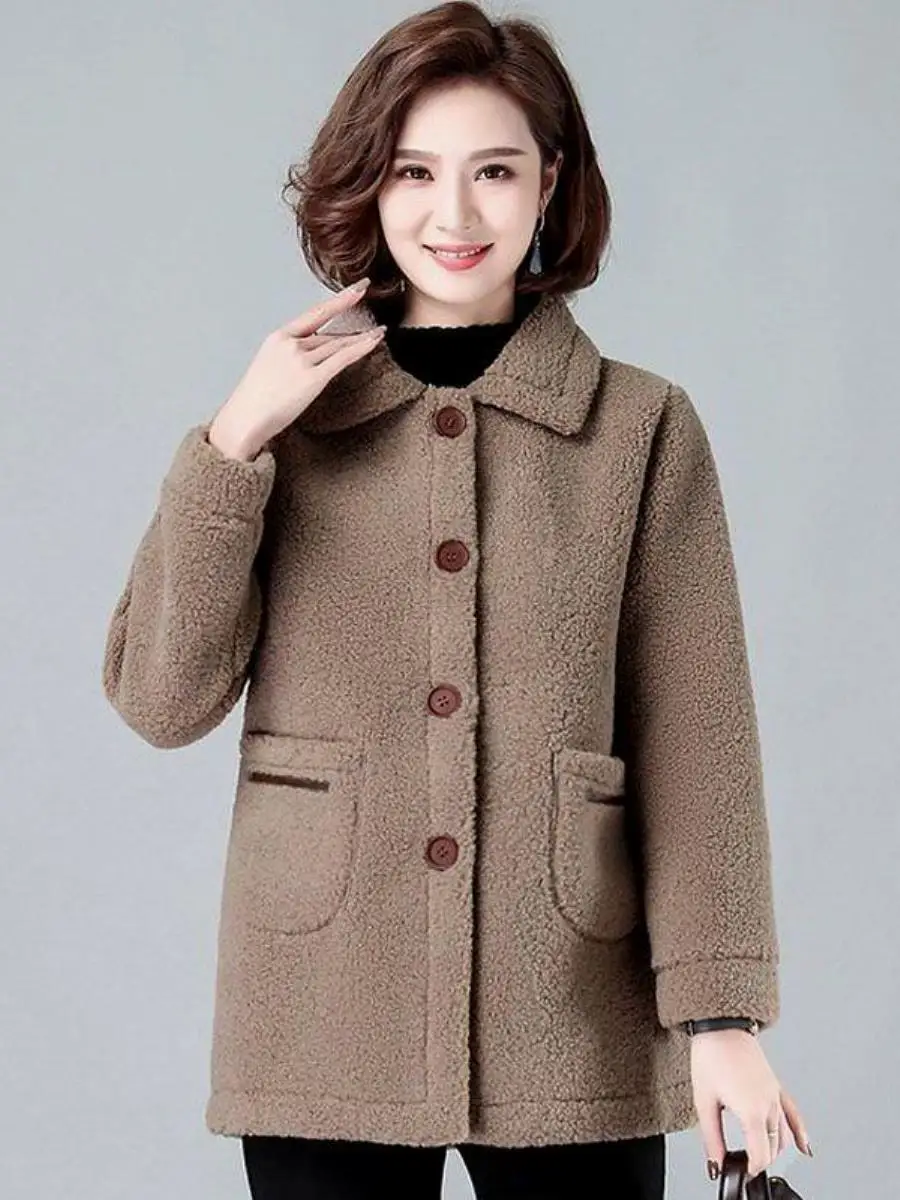Fleece-lined Middle-aged Women Dress New Autumn and Winter Sheep Shearing Thickened Top Middle-Aged Elderly Western...