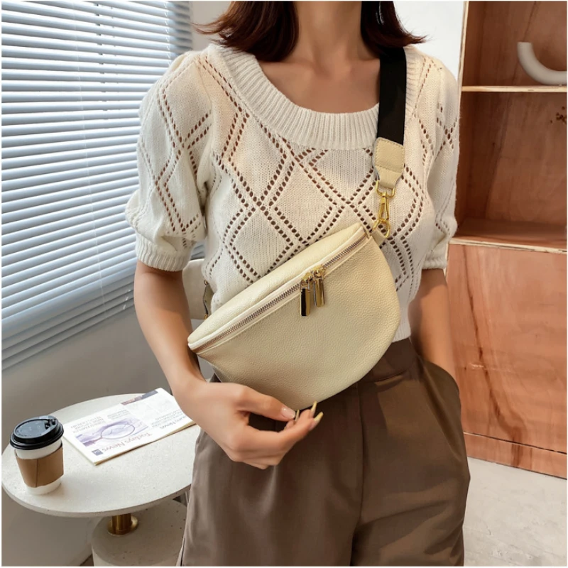 

Vintage Fanny Pack Luxury Woman Banana Waist Bag Wide Shoulder Strap Crossbody Chest Bag Soft Leather Designer Bolsos Para Mujer