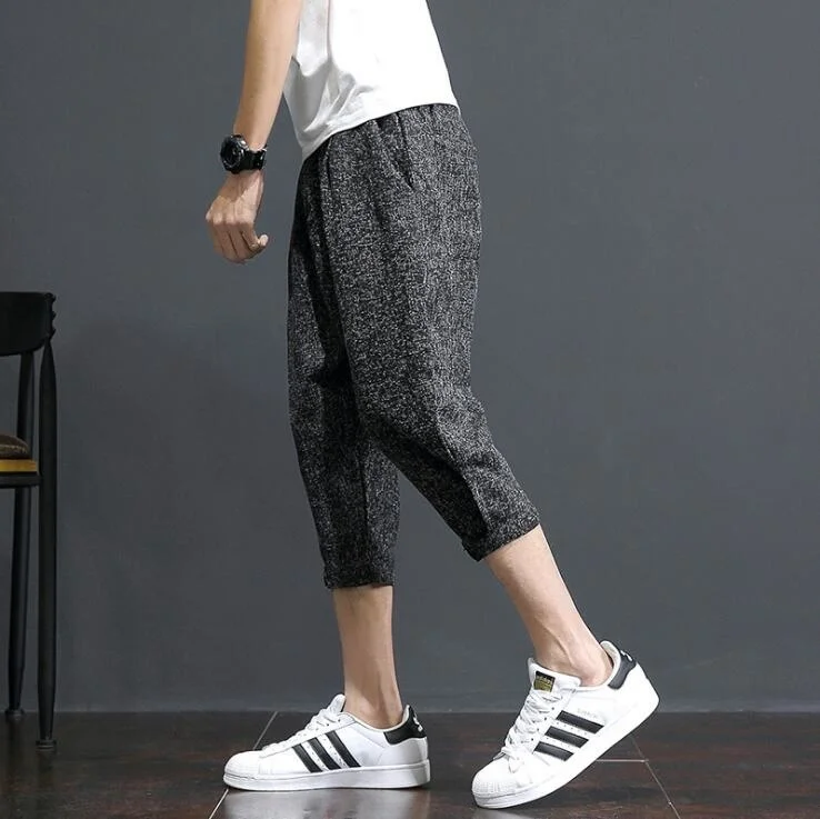 

Summer loose thin cropped trousers Men cotton and linen harem youth solid color Fashion large size men's bound feet pants